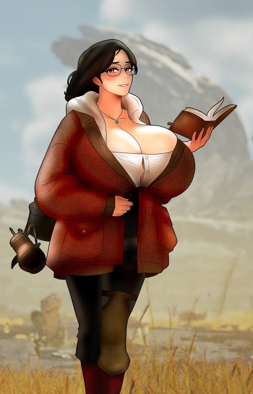 alma_(monster_hunter_wilds) big_ass big_breasts black_hair book breasts brown_eyes brown_hair capcom chorquistudios cleavage clothed clothed_female female female_only glasses happy happy_female hips holding holding_object huge_ass huge_breasts jacket kneeling light-skinned_female light_skin long_hair looking_at_viewer milf monster_hunter monster_hunter_wilds smile smiling smiling_at_viewer solo standing thick_eyebrows thick_thighs thighs very_high_resolution wide_hips