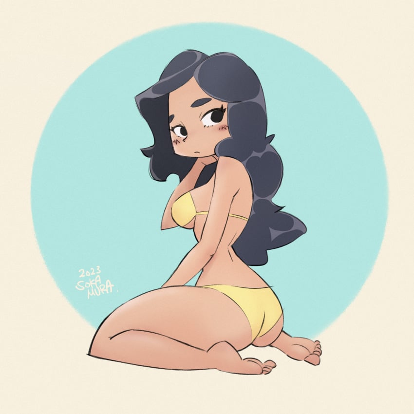 big_ass big_breasts bikini bikini_bottom bikini_top black_eyebrows black_hair blush curly_hair eyelashes feet female female_only from_behind frown highres looking_back pinup sokamura soles solo solo_female tan_body tanline thick_thighs yellow_bikini yellow_bikini_bottom yellow_bikini_top