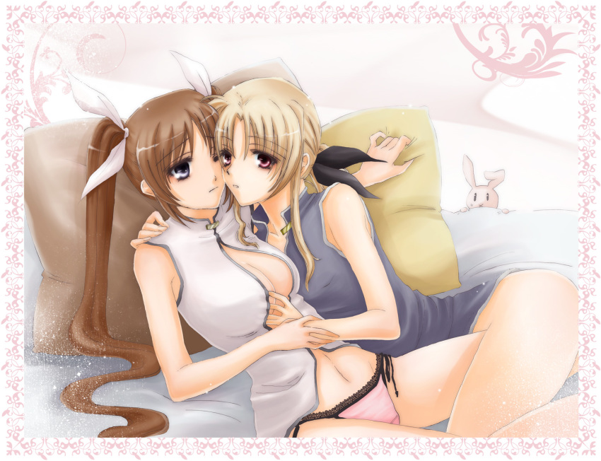 2girls black_ribbon blonde_hair blue_eyes breast_grab breasts brown_hair cleavage eyebrows_visible_through_hair fate_testarossa female female_only hair_ribbon hand_behind_back highres lina_(interlude) long_hair lyrical_nanoha mahou_shoujo_lyrical_nanoha mahou_shoujo_lyrical_nanoha_strikers medium_breasts multiple_girls nanoha_takamachi navel open_clothes open_shirt panties pillow pillow_grab red_eyes ribbon shirt takamachi_nanoha tied_hair twintails underwear undressing undressing_another very_long_hair white_ribbon wink yuri