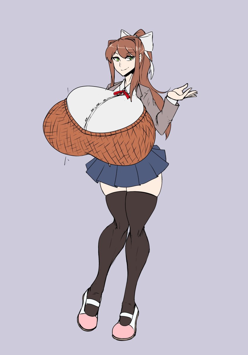 1girls 2021 anime_style big_breasts blazer breast_expansion breasts breasts_bigger_than_head brown_hair color doki_doki_literature_club expansion female female_only green_eyes hi_res high_resolution highres human human_only hyper_breasts just_monika large_breasts looking_at_viewer monika_(doki_doki_literature_club) not_furry rust_and_bolts sequence simple_background skirt smile smiling_at_viewer solo solo_female thighhighs white_bow