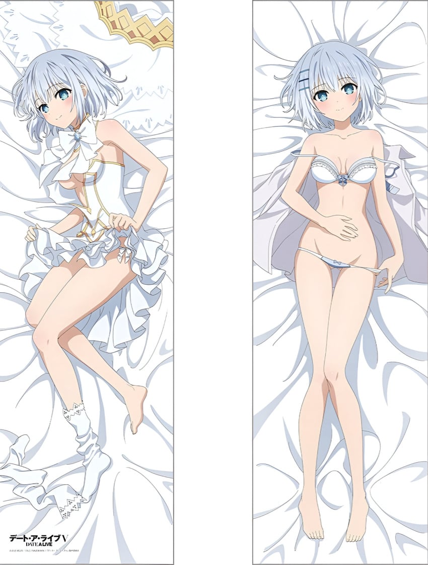 armpit_crease bare_arms bare_legs bare_shoulders bare_thighs barefoot bed_sheet blue_eyes blush body_blush bow_panties bra breasts cleavage closed_mouth collarbone dakimakura dakimakura_design date_a_live detached_collar feet groin hand_on_own_belly knees_together_feet_apart lying medium_breasts official_art on_side panties panty_pull short_hair skirt skirt_lift smile socks strap_slip thighs tobiichi_origami toes underboob underwear unworn_shirt unworn_socks white_bra white_dress white_hair white_panties white_socks