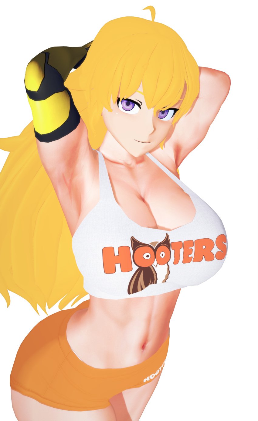 1girls arms_behind_head arrancon big_breasts blonde_female blonde_hair cleavage clothed_female hooters hooters_uniform pose posing purple_eyes robotic_arm rwby short_shorts solo_female tank_top yang_xiao_long