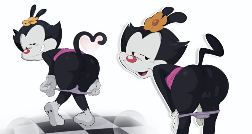 1girls 2022 2022s accessory animaniacs animaniacs_(2020) anthro anus ass bent_over black_body black_fur butt clothing digital_media_(artwork) dot_warner female female_only fingers flower fur furry furry_female genitals gloves gosgoz hair hair_accessory half-closed_eyes handwear hi_res inkblot looking_at_viewer looking_back mammal narrowed_eyes open_mouth panties pink_skirt plant pussy side_by_side simple_background skirt smile smirk solo tail teeth tongue topwear underwear warner_bros warner_brothers white_body white_fur young