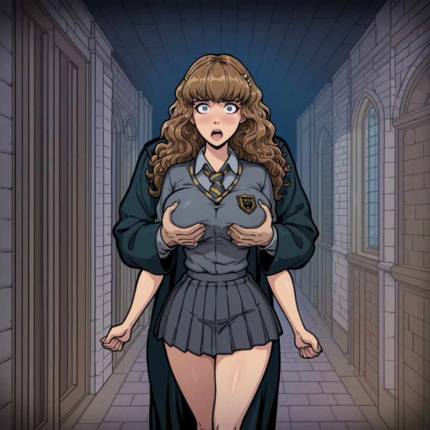 ai_generated akabur_style breasts breasts brown_hair curly_hair echodantalian grabbing grabbing_breasts grabbing_from_behind hermione_granger miniskirt school school_uniform schoolgirl skirt story story_in_picture uniform witch_trainer