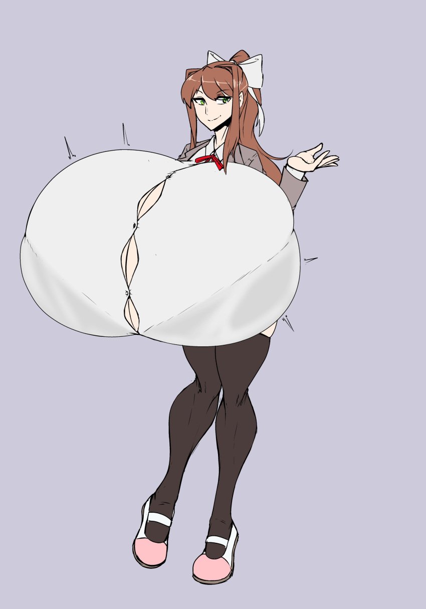 1girls 2021 anime_style big_breasts blazer breast_expansion breasts breasts_bigger_than_head brown_hair button_gap cleavage color doki_doki_literature_club expansion female female_only green_eyes hi_res high_resolution highres human human_only hyper_breasts just_monika large_breasts looking_at_viewer monika_(doki_doki_literature_club) not_furry rust_and_bolts sequence simple_background smile smiling_at_viewer solo solo_female thighhighs tight_clothing white_bow