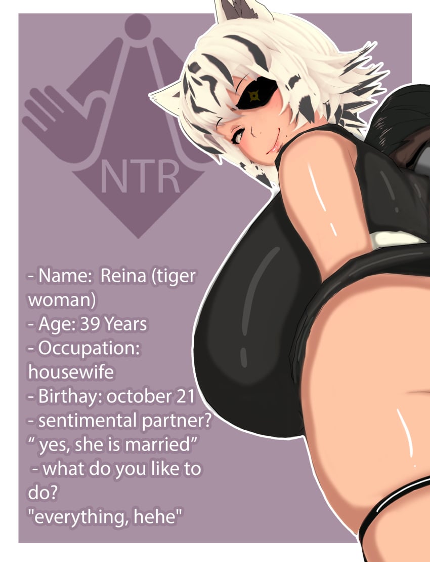 1girls 3d absurd_res absurdres animal_ears big_breasts blush breasts censored character_sheet convenient_censoring dialogue english_text eye_patch female grey_eyes hi_res high_resolution highres looking_at_viewer looking_back married_woman one_eye_covered original reina_(vyrus_smith) sideboob smile text tiger tiger_ears tiger_girl vyrus_smith white_hair