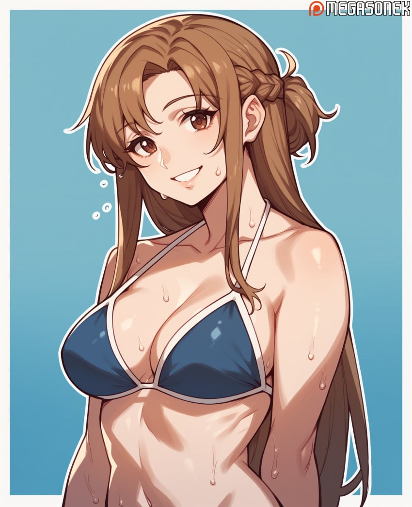 1girls ai_generated bangs bare_shoulders bikini blue_background blue_bikini border braid breasts brown_eyes brown_hair cleavage collarbone female french_braid gradient_background grin long_hair looking_at_viewer medium_breasts megasonek navel patreon_username simple_background smile solo swimsuit sword_art_online teeth upper_body watermark wet white_border yuuki_asuna