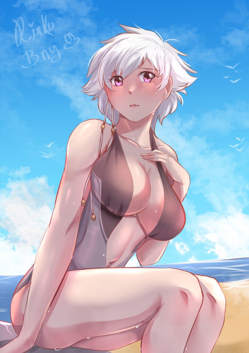 1girls alternate_eye_color arm_support artist_name bare_legs bare_shoulders beach big_breasts bleach blush braids breasts busty cannon center_opening cleavage closed_eyes embarrassed eyebrows_visible_through_hair female female_only huge_breasts kotetsu_isane light-skinned_female light_skin ocean one-piece_swimsuit outdoors pink_eyes rinku_bny rock sand seagull shiny shiny_hair shiny_skin short_hair short_hair_with_long_locks shy sitting skindentation soaked solo solo_focus swimsuit text water watermark wet wet_body wet_skin white_hair