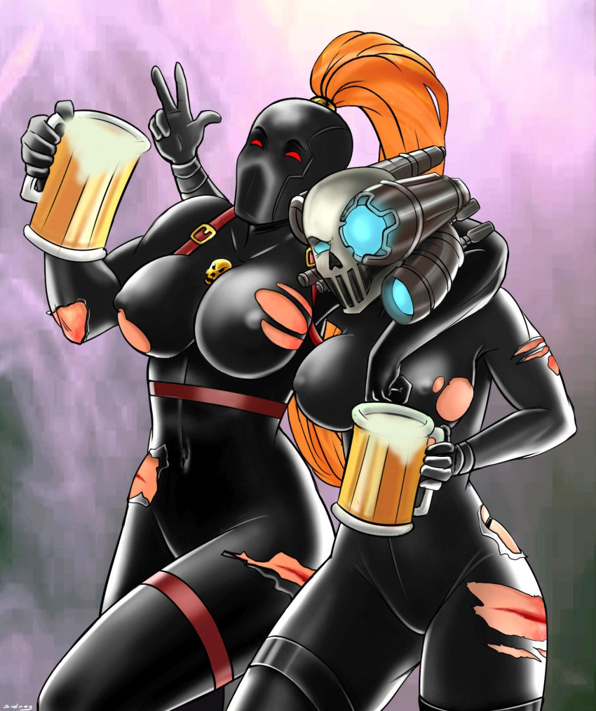 2girls after_fight alcohol ass beer big_ass big_breasts blood blue_eyes bodysuit breasts bruise callidus_assassin culexus_assassin drinking drinking_beer female female_focus female_only fighting friends fully_clothed happy imperium_of_man multiple_girls officio_assassinorum orange_hair red_eyes ripped_bodysuit ripped_clothing scars sidneydesenhus skin_tight skull_mask warhammer_(franchise) warhammer_40k