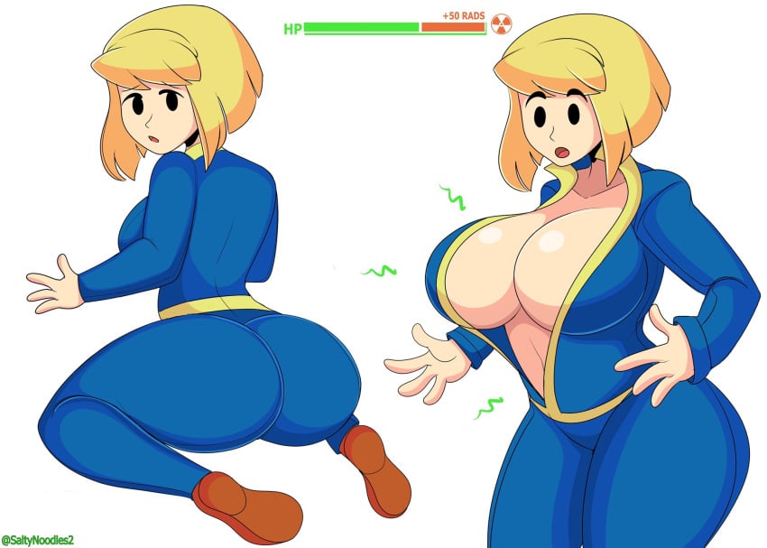 2021 ass bethesda_softworks big_ass big_breasts blonde_hair breast_expansion breast_growth breasts cleavage clothing fallout fallout_(series) female footwear gameplay_mechanics jumpsuit large_ass mob_face radiation saltynoodles short_hair text vault_girl vault_meat vault_suit