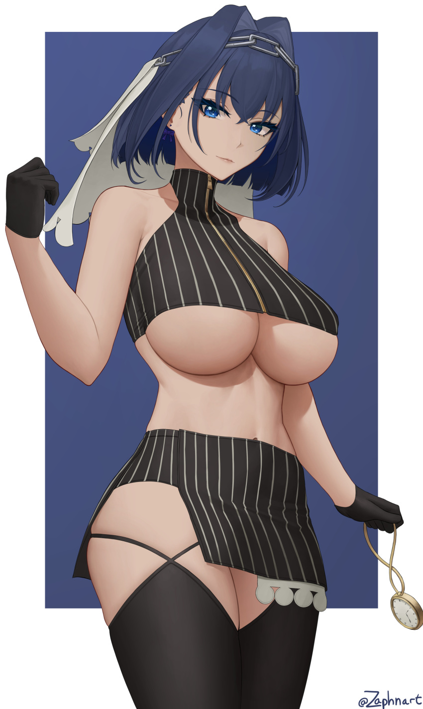 1girls big_breasts black_legwear blue_eyes blue_hair covered_nipples female female_only gloves hololive hololive_english hololive_english_-council- hololive_english_-promise- large_breasts legwear looking_at_viewer miniskirt ouro_kronii short_hair skirt solo solo_female standing thick thick_thighs thighhighs underboob vertical-striped_skirt vertical_stripes virtual_youtuber voluptuous zaphn