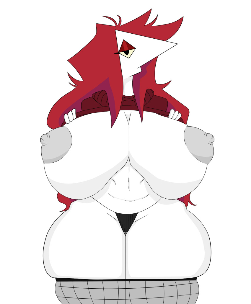 2021 angular areolae breasts curvy female female_only fishnets huge_breasts nipples quinn_(saltynoodles) red_hair revealing_clothes showing_off sweater_lift thick thick_thighs viciodamp voluptuous white_skin