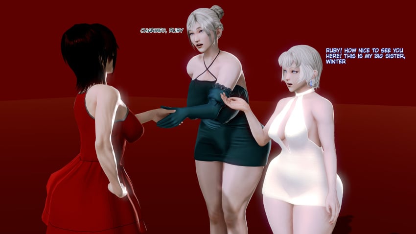 3d 3girls big_breasts clothed dress female_focus female_only handshake honey_select kirinonsfw milf older_sister_younger_sister red_background ruby_rose rwby sisters tagme weiss_schnee white_hair winter_schnee