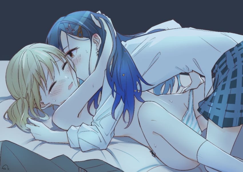 2girls azusawa_kohane bed blush breasts imminent_sex jingzhao65 looking_pleasured medium_breasts on_back panties panties_only project_sekai school_uniform shiraishi_an small_breasts sweat thick_thighs yuri