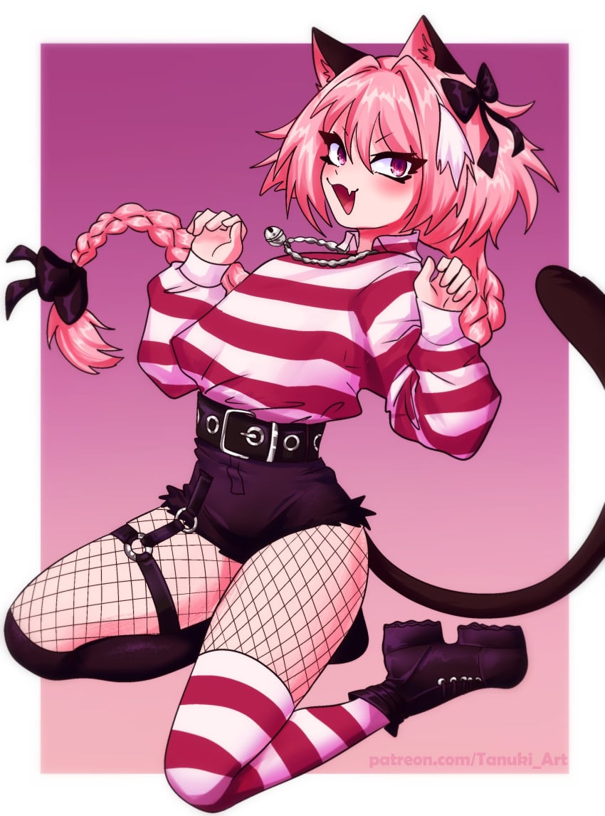 1boy ambiguous_gender androgynous astolfo_(fate) asymmetrical_legwear bell_collar belt braid cat_ears cat_tail catboy cute_fang eyelashes eyeliner eyeshadow fate/grand_order fate_(series) femboy fishnets girly gradient_background heel_boots kneeling male otoko_no_ko pantyhose patreon_username pink_hair purple_eyes rumblyf simple_background solo striped_clothing striped_legwear striped_thighhighs thighhighs trap url white_border