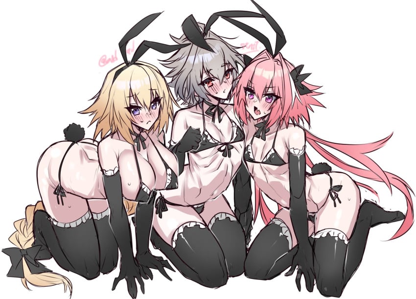 1girls 2boys astolfo_(fate) big_breasts bunny_ears bunnysuit fate/apocrypha fate_(series) femboy haoro jeanne_d'arc_(fate) sieg_(fate/apocrypha) trap