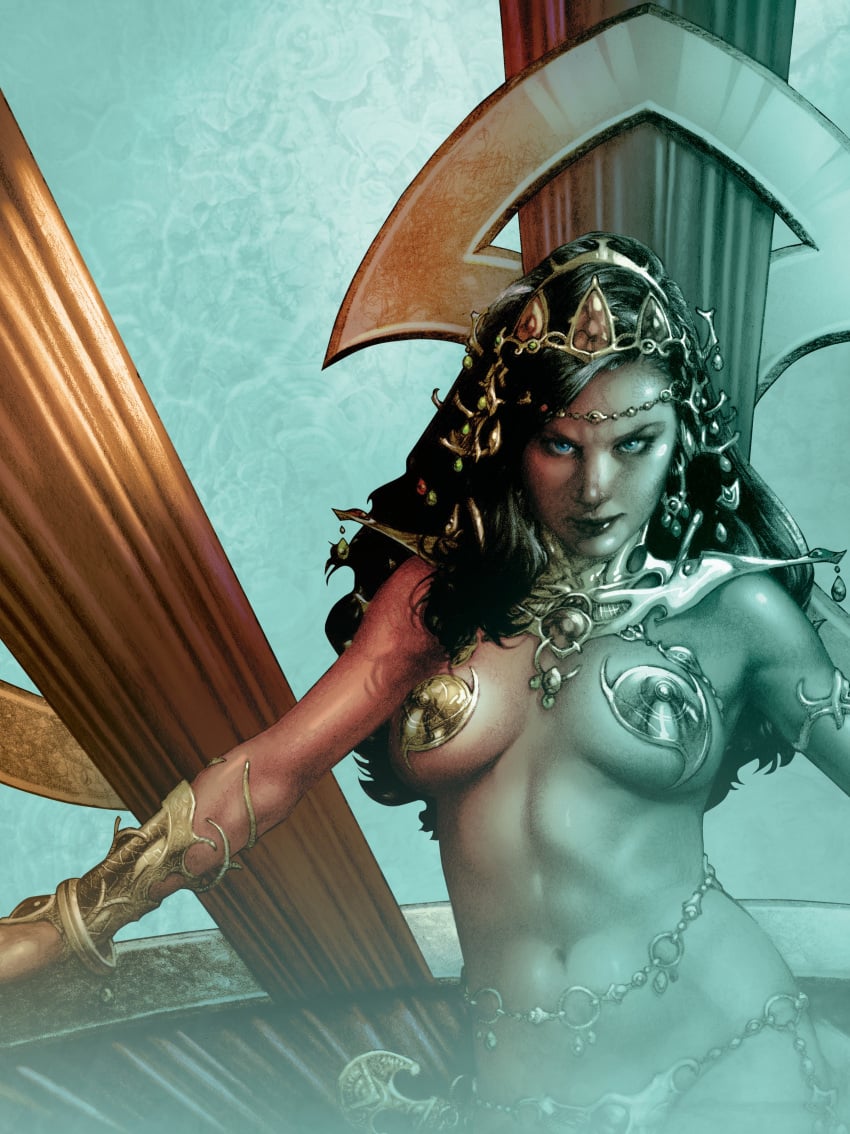 1girls a_princess_of_mars barsoom belly_chain black_hair blue_eyes bracelet dejah_thoris gold_pasties jay_anacleto jewelry john_carter_of_mars large_breasts long_hair looking_at_viewer martian official_art pasties pink_skin royalty shoulder_armor voluptuous