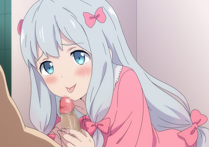 1boy 1girls absurdres blue_eyes blush bow censored clothed_female_nude_male eromanga_sensei female hara_(harayutaka) highres izumi_sagiri long_hair naughty_face nude pajamas penis penis_grab pink_bow saliva saliva_trail silver_hair straight tongue