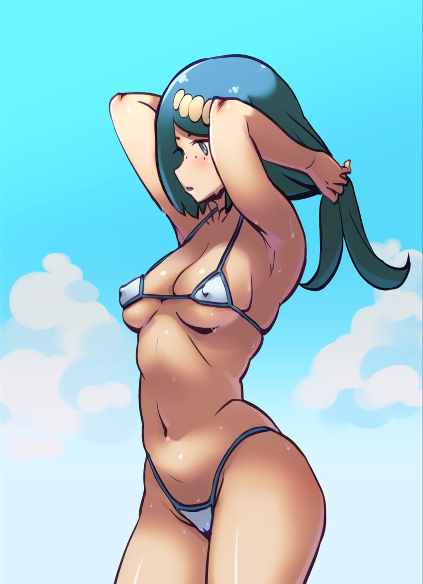 1girls 1milf armpits arms_behind_head ass big_breasts bikini blue_eyes blue_hair breasts busty child_bearing_hips clothed e_keroron erect_nipples_under_clothes female female_only highres human human_only lana's_mother_(pokemon) large_breasts mature mature_female mature_woman medium_hair milf mob_face navel nipples_visible_through_clothing pokemon pokemon_sm pose sideboob solo sweat thick_thighs tying_hair underboob voluptuous wide_hips