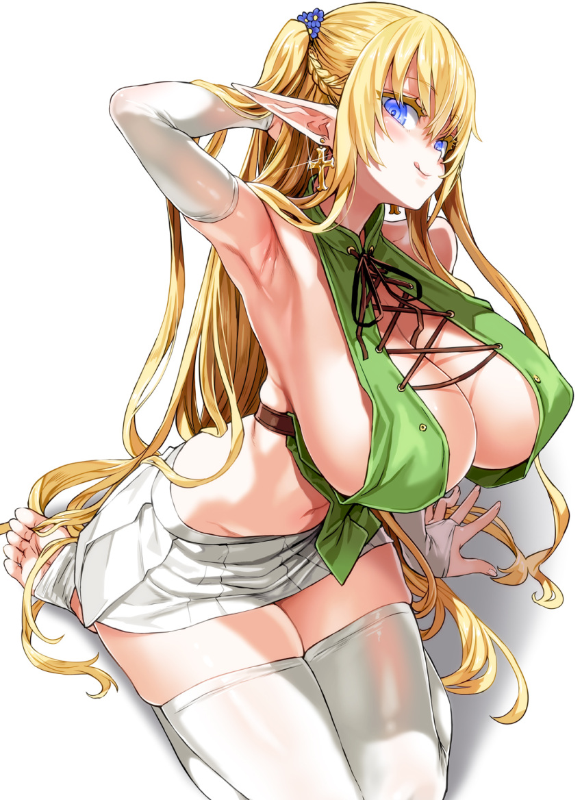 armpits arms_up asanagi big_breasts blonde_hair blue_eyes cleavage curvy earrings elf elf_village feet female_only huge_breasts licking_lips long_hair looking_at_viewer miniskirt original pale-skinned_female pale_skin pointy_ears revealing_clothes sideboob skimpy solo sylvia_(elf_village) thick_thighs thighhighs