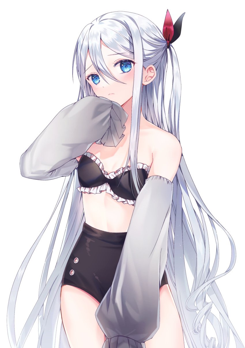 1_para_9 1girls blue_eyes bra breasts detached_sleeves midriff project_sekai short_shorts sleeves_past_fingers small_breasts thick_thighs thighs white_hair yoisaki_kanade