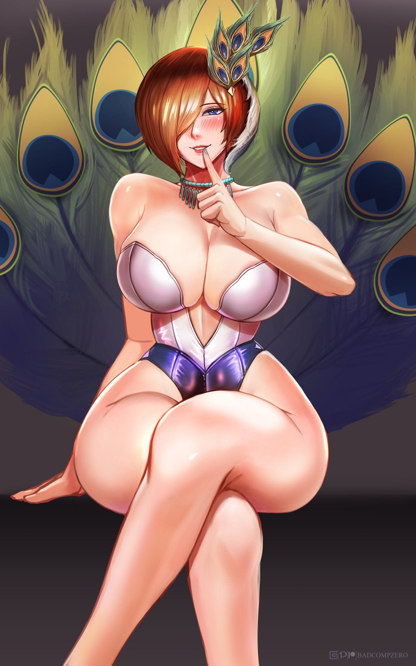 1girls artist_name auburn_hair badcompzero blue_eyes blue_nail_polish blue_nails blush breasts cleavage female_only finger_to_mouth hair_over_one_eye huge_breasts legs_crossed leotard looking_at_viewer original original_character peacock_feathers short_hair smiling_at_viewer solo solo_female voluptuous wide_hips