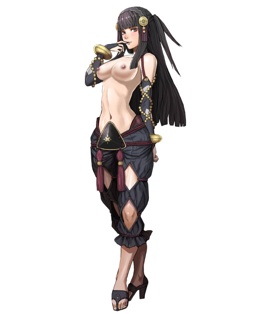 1girls bangs bare_midriff bare_shoulders biggitybiggitybig black_eyes black_hair collarbone edit finger_in_mouth fire_emblem fire_emblem_fates fire_emblem_heroes large_breasts long_hair looking_at_viewer nintendo nipples nude_filter official_art rhajat_(fire_emblem) smile solo topless transparent_background