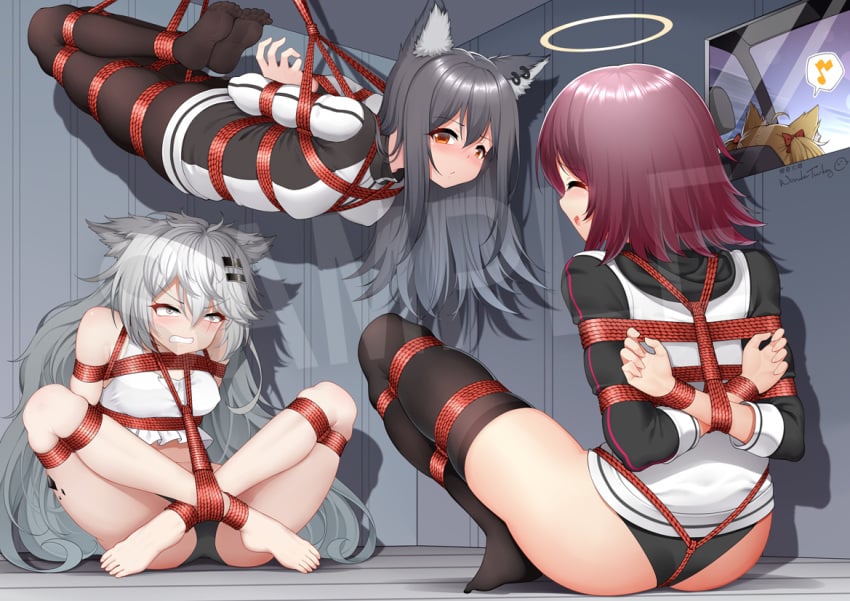 3girls angel arknights bondage bound exusiai_(arknights) hogtie lappland_(arknights) multiple_girls red_rope rope rope_bondage sora_(arknights) suspension texas_(arknights) thick_thighs thighhighs tied_up wolf wolf_ears wolf_tail wonder_turkey