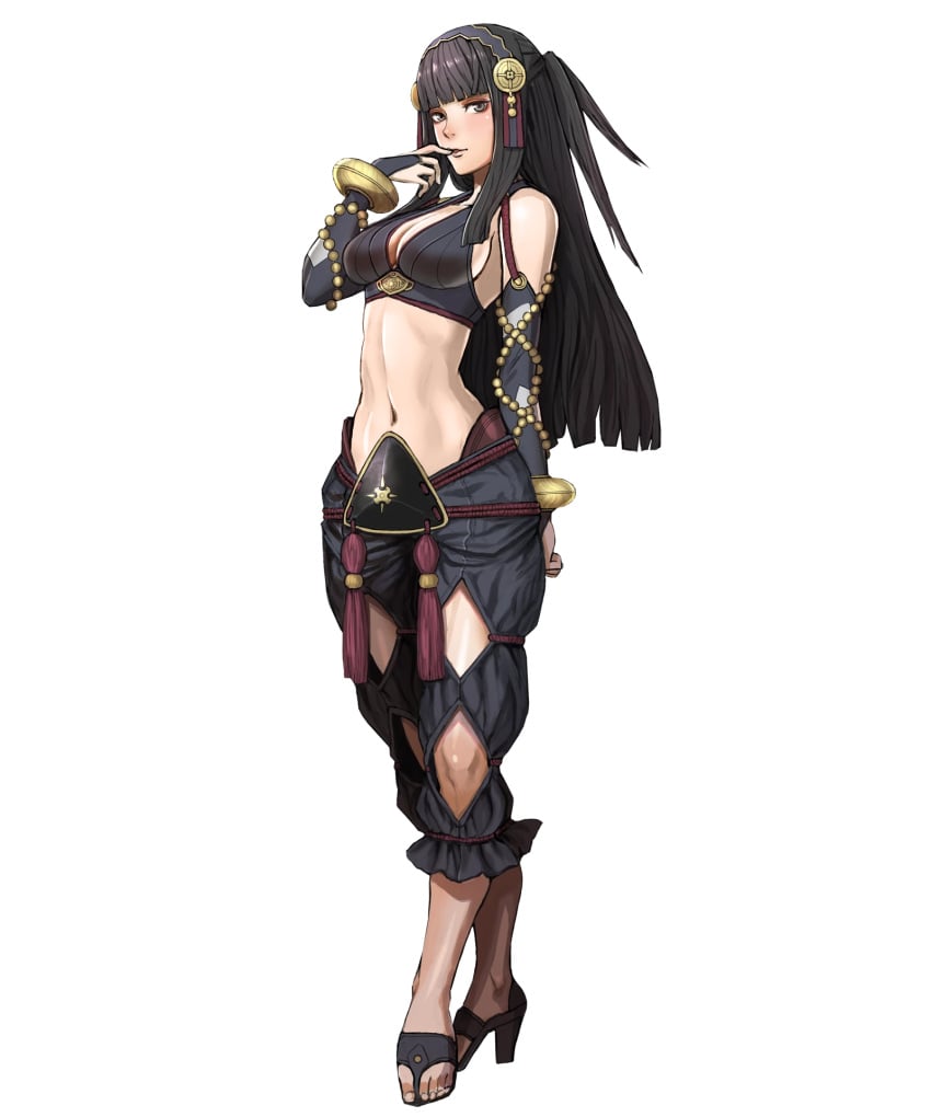 1girls bangs bare_midriff biggitybiggitybig black_eyes black_hair cleavage edit finger_in_mouth fire_emblem fire_emblem_fates fire_emblem_heroes large_breasts long_hair looking_at_viewer nintendo official_art rhajat_(fire_emblem) sideboob solo transparent_background