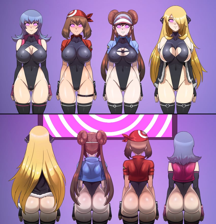 2koma 4girls @_@ alternate_breast_size armwear ass back_view bandana blonde_hair blue_hair boob_window brainwashing brown_hair cleavage commandcode cynthia_(pokemon) double_bun female female_only from_behind from_the_front front_view gym_leader heart huge_ass huge_breasts human hypnosis large_ass large_breasts latex leg_band leotard long_hair looking_at_viewer may_(pokemon) mind_control multiple_girls nintendo png pokemon pokemon_bw pokemon_bw2 pokemon_champion pokemon_dppt pokemon_gsc pokemon_hgss pokemon_rse red_bandana rosa_(pokemon) sabrina_(pokemon) sabrina_(pokemon_hgss) shinzu031 short_hair take_your_pick thick_thighs thighhighs twintails wide_hips