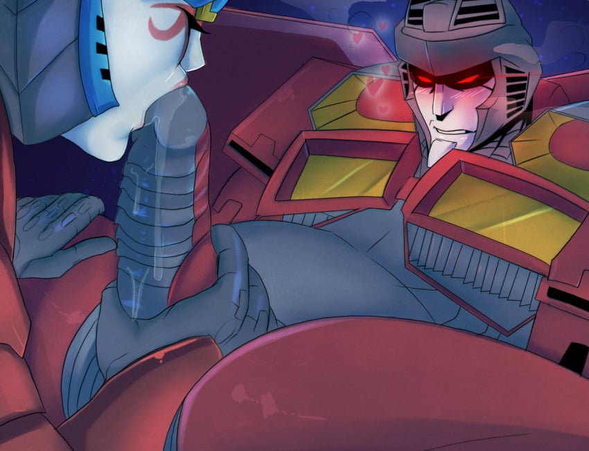 1boy 1girls alien alien_girl fellatio female grabbing_penis handjob machine male oral penis red_eyes robot robot_girl starscream straight transformers transformers_idw wet_penis windblade