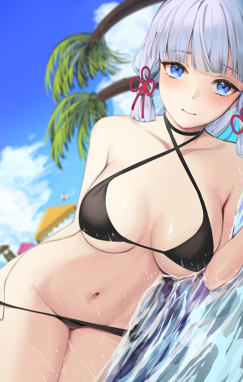 1girls belly_button bikini black_bikini blue_eyes blunt_bangs blush cleavage female female_only genshin_impact grey_hair groin hi_res kamisato_ayaka looking_at_viewer lying medium_breasts ponytail underboob wet yamiiv