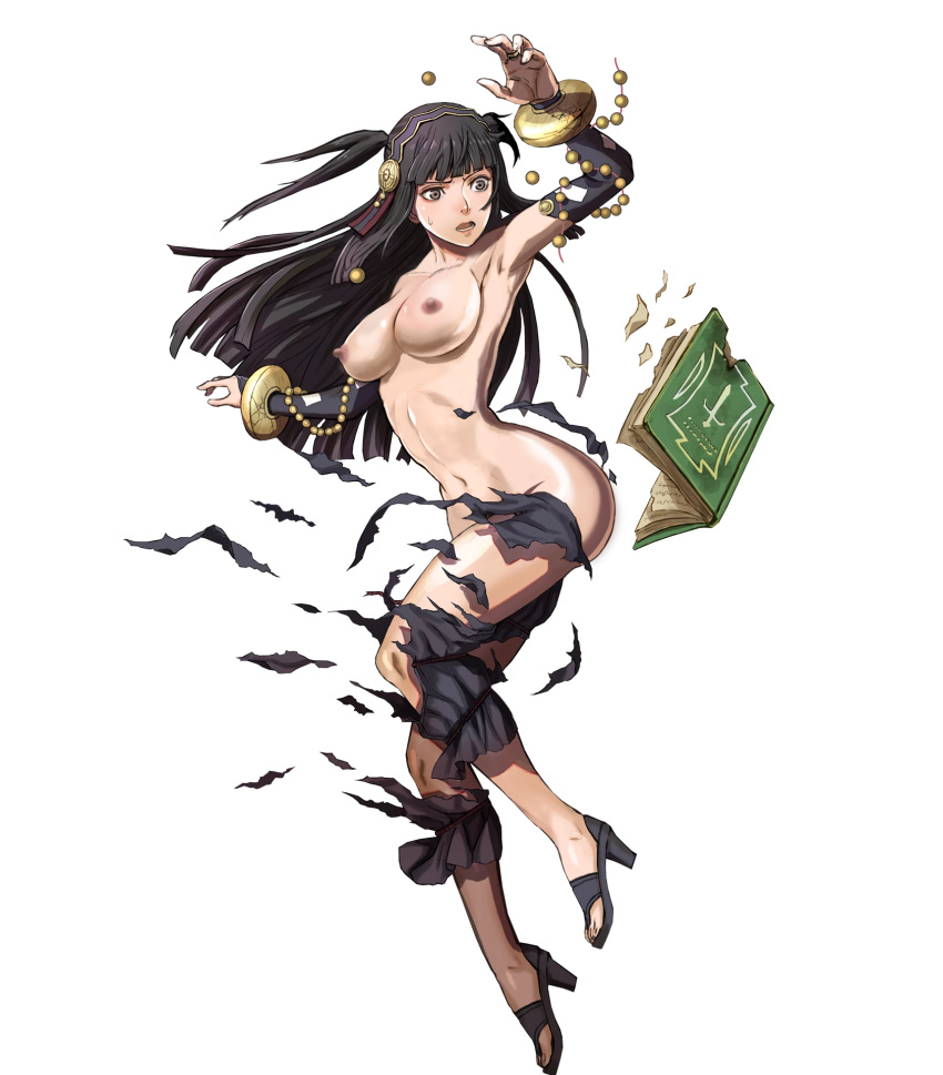 1girls armpits bangs bare_legs bare_midriff bare_shoulders bare_thighs biggitybiggitybig black_eyes black_hair book collarbone edit fire_emblem fire_emblem_fates fire_emblem_heroes huge_breasts large_breasts long_hair nintendo nipples nude_filter official_art rhajat_(fire_emblem) solo sweatdrop transparent_background