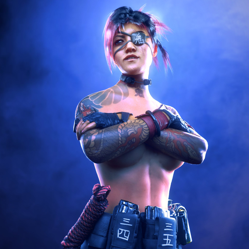 1girls abs black_hair breasts call_of_duty call_of_duty_black_ops_cold_war collar crossed_arms eyepatch flickytuts gear gloves kitsune_(cod) looking_away military pink_strand_of_hair scars solo_female tattoo topless