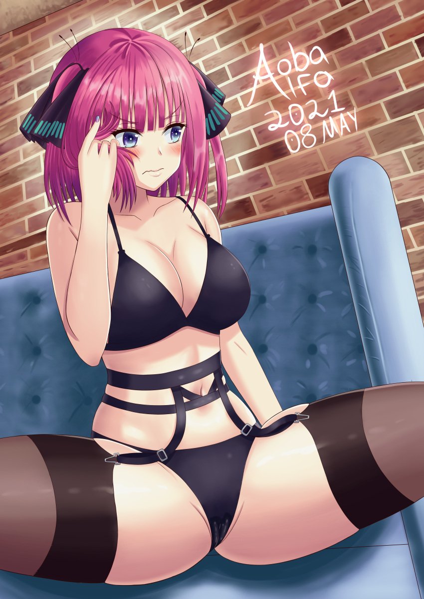 1girls absurdres aobaalfa artist_name bare_arms bare_shoulders black_bra black_panties blue_eyes blunt_bangs blush bra breasts brick_wall cameltoe cleavage couch crotch garter_belt garter_straps genital_fluids go-toubun_no_hanayome groin hair_ornament highleg highleg_panties highres huge_filesize lingerie lips medium_breasts medium_hair nail_polish nakano_nino navel panties pink_hair playing_with_own_hair signature thighhighs underwear wavy_mouth wet wet_pussy