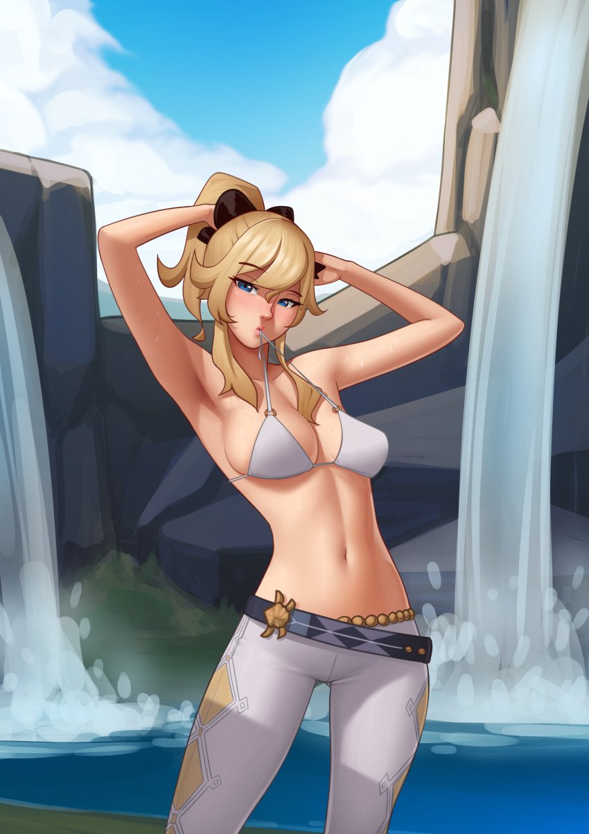 1girls bikini_top blonde_hair blue_eyes blush blushing_at_viewer breasts cleavage clothed collared_cape deilan12 female_focus female_only genshin_impact hair_ribbon jean_gunnhildr outdoors outside pants pattern_clothing ponytail solo solo_female solo_focus standing sweat sweatdrop waterfall