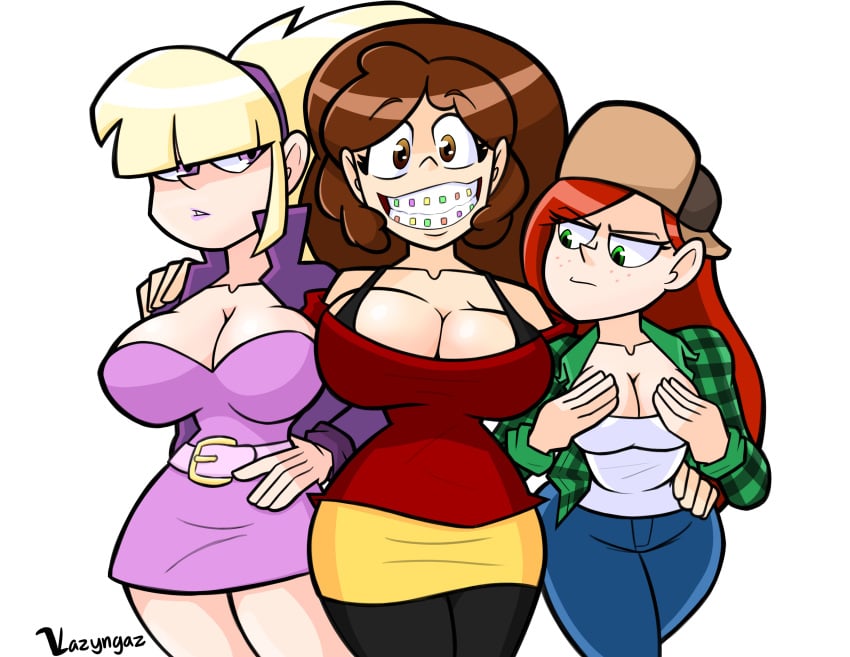 3girls aged_up alternate_breast_size annoyed bangs bare_shoulders big_hair blonde_hair braces breast_envy brown_eyes brown_hair cleavage disney disney_channel disney_xd female female_only gravity_falls green_eyes grin hand_on_another's_hip hand_on_another's_shoulder jacket mabel_pines miniskirt multiple_girls off_shoulder pacifica_northwest red_hair short_dress smile smooth_skin thighhighs vazyngaz wendy_corduroy white_background