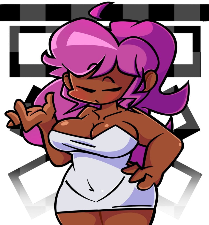 ahoge b3_gf_(blazethewolf55) big_breasts blush dark-skinned_female dark_skin eyebrows_visible_through_hair female friday_night_funkin friday_night_funkin_(b3_mod) gallycid girlfriend_(friday_night_funkin) hands_on_hips pink_hair shaya_dearest thick_thighs vampire vampire_girl voluptuous white_dress