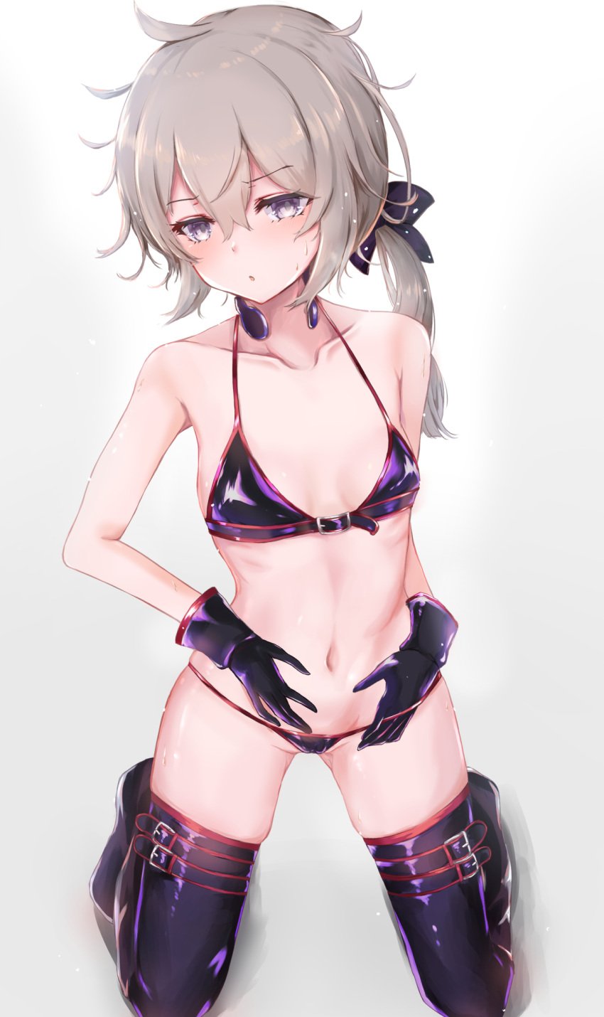 1girls armpits black_gloves bra breasts cameltoe collarbone frown girls'_frontline grey_hair half_naked m200_(girls_frontline) partially_visible_vulva purple_eyes