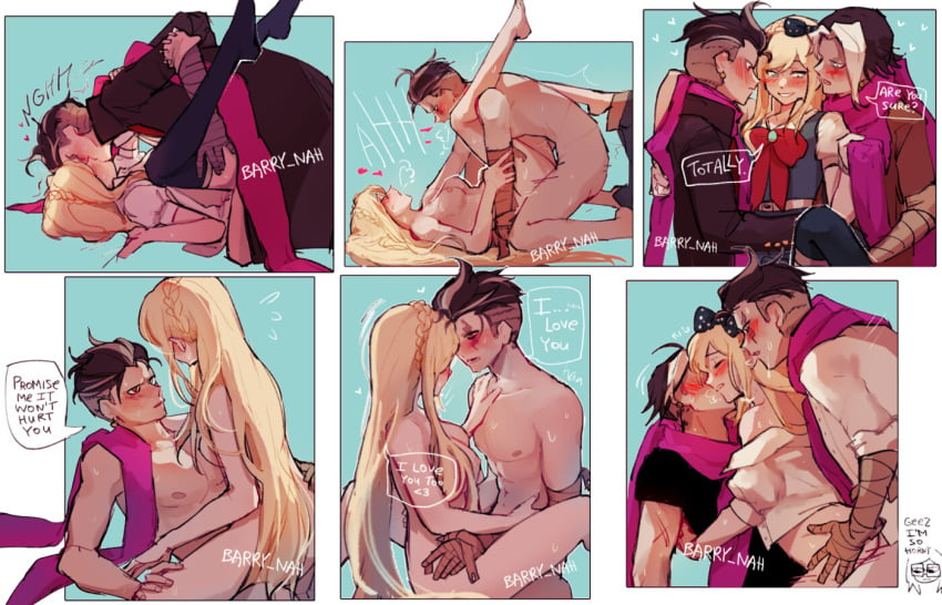 1boy 1girls barry_nah braid breasts clothed_sex comic consensual cowgirl_position danganronpa danganronpa_2:_goodbye_despair dialogue dual_persona english_text female gundham_tanaka kissing male male/female male_penetrating_female missionary_position multiple_images princess sex smooth_skin sonia_nevermind straight text threesome