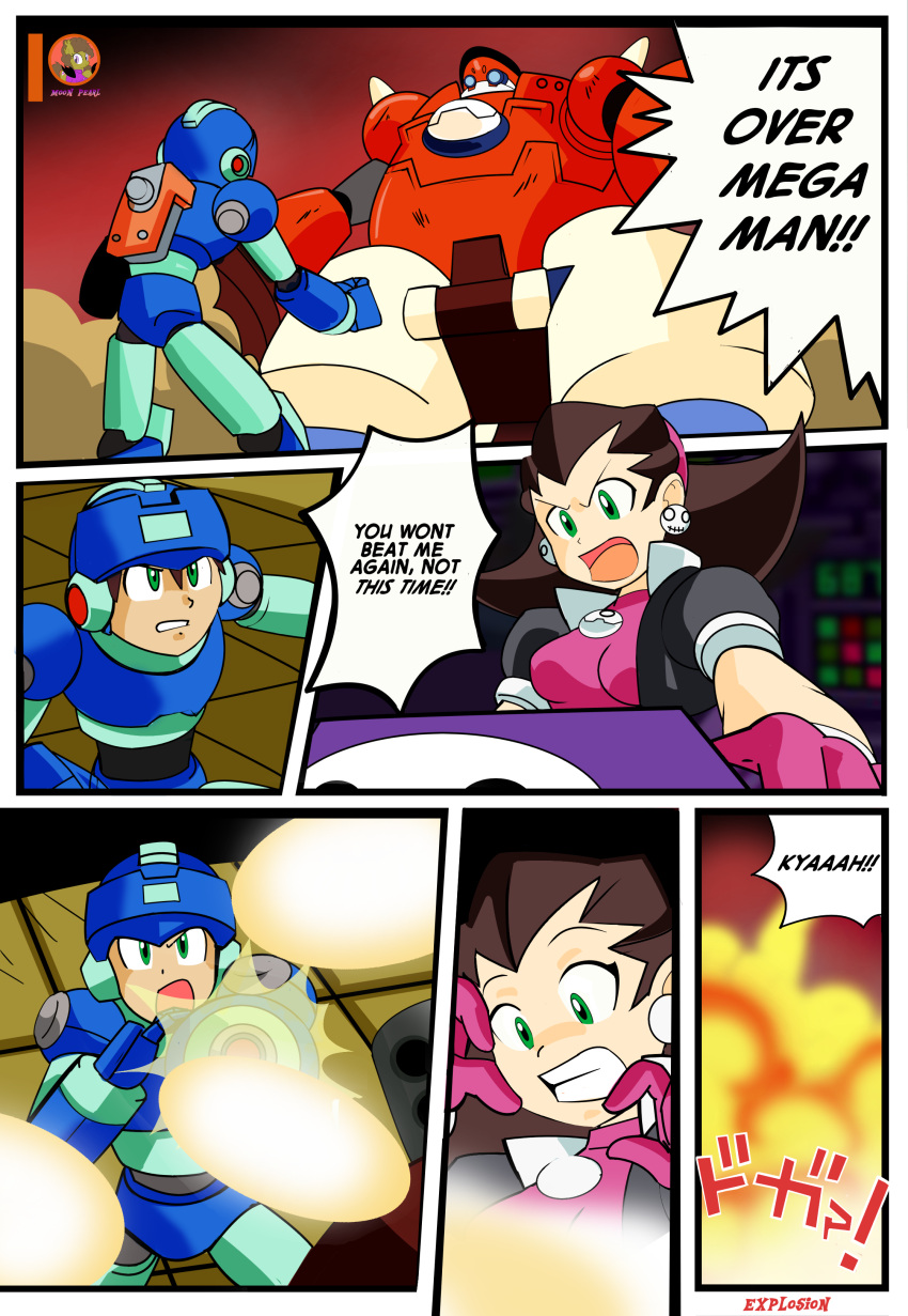 1boy 1girls clothed clothing duo explosion female fully_clothed male mega_man mega_man_legends mega_man_volnutt moon_pearl tron's_defeat tron_bonne