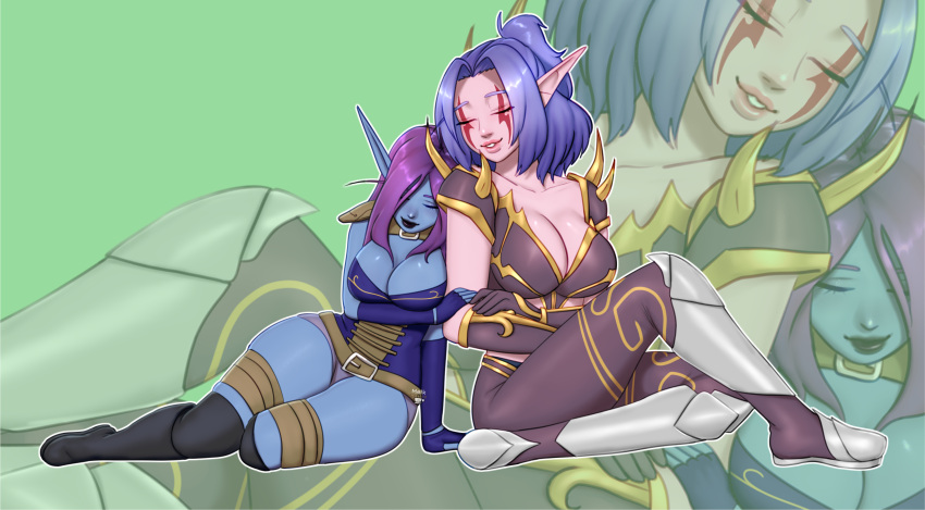 2d 2girls armor blue_hair cuddling elf elf_ears female melkcoffee melwinne nakicat night_elf night_elf_death_knight pointy_ears void_elf warcraft world_of_warcraft