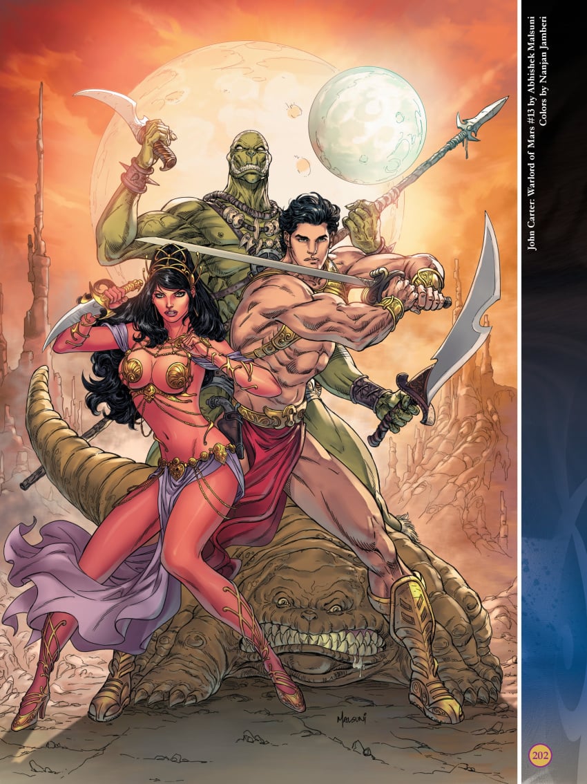 1boy 1boy1girl 1girls 4_arms a_princess_of_mars abhishek_malsuni abs barsoom black_hair boots cleavage dejah_thoris fit_female gold_heels gold_pasties green_eyes green_martian green_skin high_heels holding_weapon john_carter_of_mars knife large_breasts loincloth long_hair looking_at_viewer martian multi_arm multi_limb muscular_male nanjan_jamberi official_art pasties pink_skin red_eyes royalty spear sword