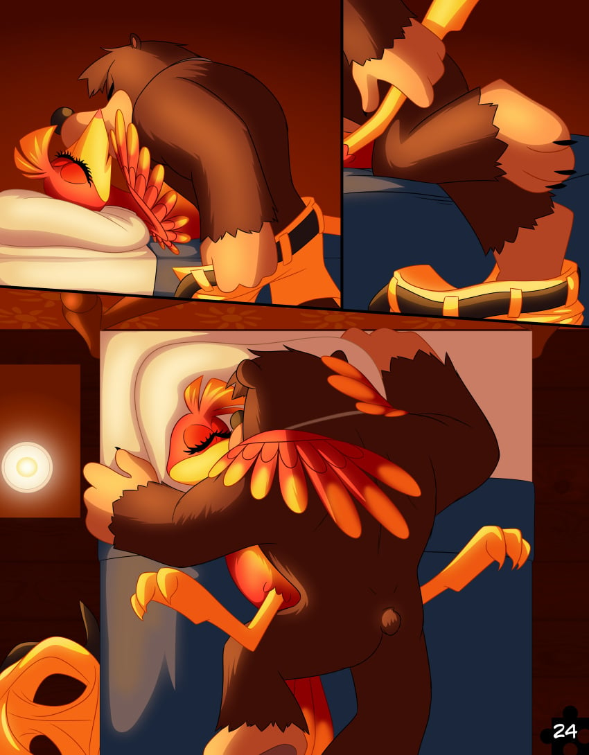 2021 absurd_res anthro ass avian banjo-kazooie banjo_(banjo-kazooie) bed belt bird black_nose blue_eyes bottomwear breegull brown_body brown_fur candle candlelight closed_eyes clothed clothing comic digital_media_(artwork) duo eyelashes feathers feet female female_on_bottom fur furniture head_tuft hi_res imminent_sex jewelry kazooie kissing lying male male/female male_on_top mammal necklace nude on_back on_bed on_bottom on_top page_24 page_number pants rareware red_body red_feathers skeletonguys-and-ragdolls topless topless_male tuft undressing ursid video_games yellow_body yellow_bottomwear yellow_clothing yellow_feathers yellow_pants