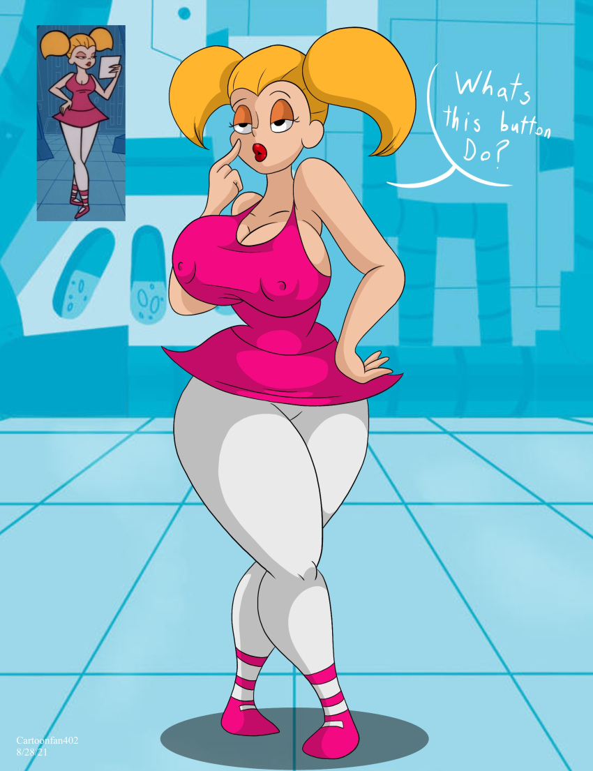 1girls 2021 big_breasts blonde_hair blue_eyes boobs breasts candi_(dexter's_laboratory) cartoon_network cartoonfan402 cleavage clothed crossed_legs dee_dee_(dexter's_laboratory)_(cosplay) dexter's_laboratory dialogue english_text erect_nipples female female_only full_body half-closed_eyes hard_nipples hips large_breasts legs nipples nipples_visible_through_clothing pigtails revealing_clothes solo solo_female speech_bubble thick_thighs thighs tight_clothing tiny_waist twintails