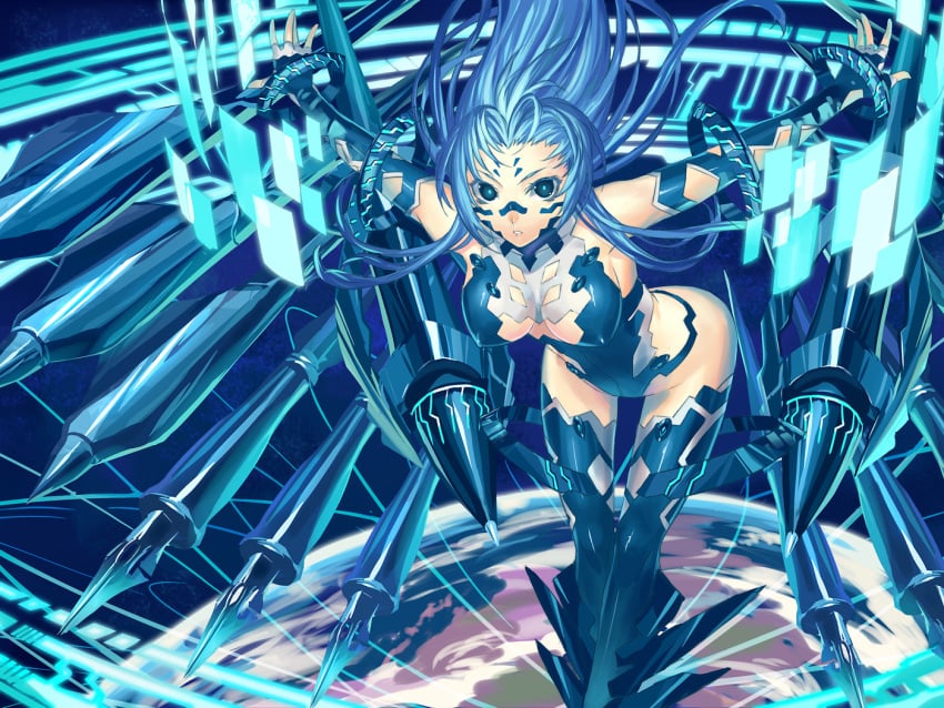 ass bangs bare_shoulders blue_eyes blue_hair breasts cleavage face_markings female female_focus female_only large_breasts long_hair looking_at_viewer navel_line nipple_bulge nipples planet rannou sci-fi sole_female solo solo_female solo_focus space tagme