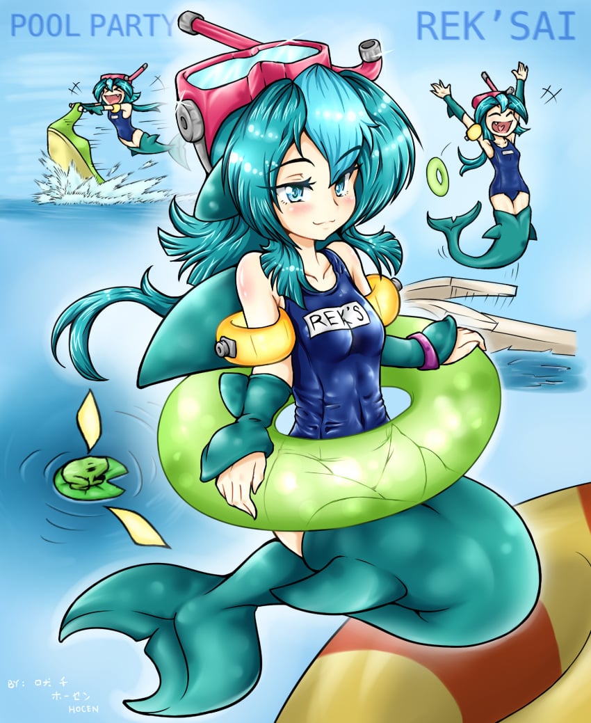 1girls abs armpits arms_up athletic athletic_female bare_legs bathing_suit blue_eyes blue_hair blush breasts clothed_female cute cute_fang diving_board english_text eyebrows_visible_through_hair female female_focus female_only fish_tail floatie frog hocen humanized humanoid japanese_text katakana league_of_legends mermaid muscular muscular_female open_mouth png pool_party_rek'sai pool_party_series rek'sai small_breasts snorkel solo text tight_clothing water_scooter wide_hips