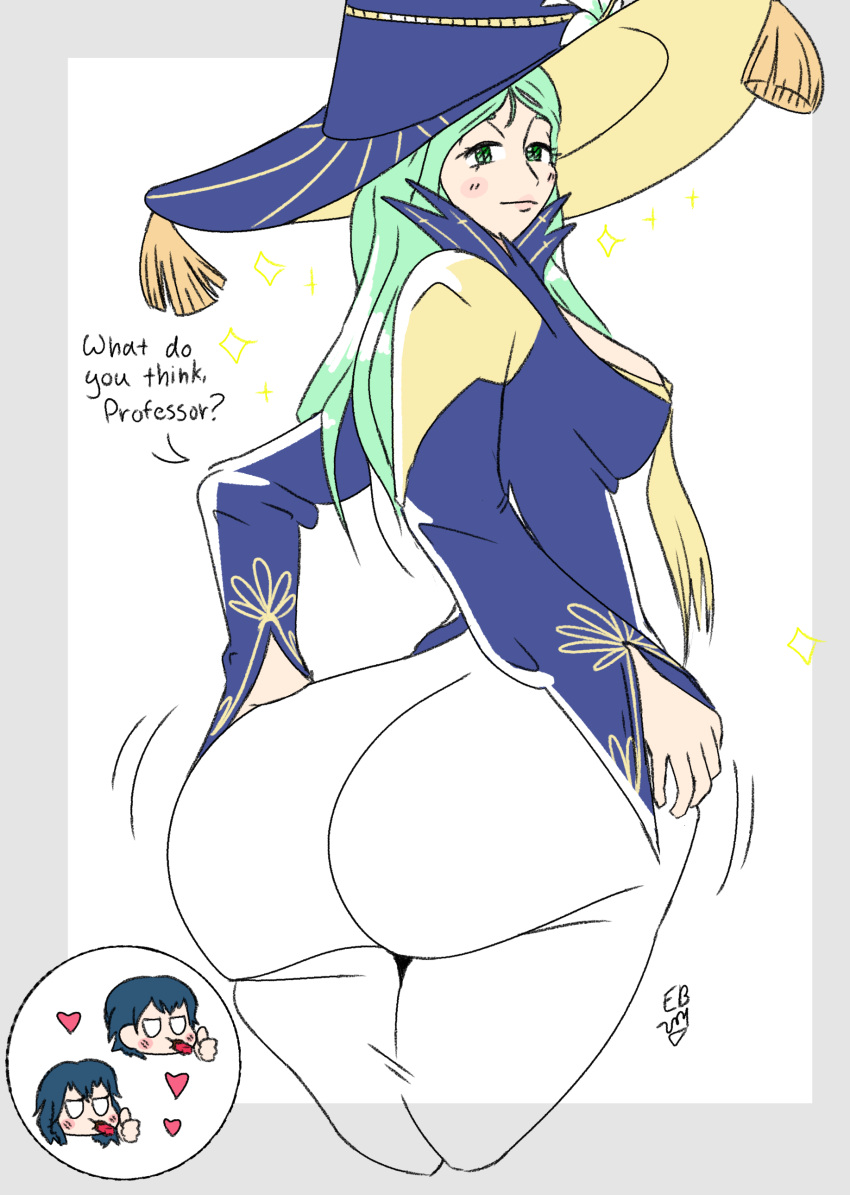 1boy 2girls alternate_costume ass back_view breasts byleth_(fire_emblem) byleth_(fire_emblem)_(female) byleth_(fire_emblem)_(male) easybee english_text female_focus fire_emblem fire_emblem:_three_houses fire_emblem_heroes green_eyes green_hair halloween huge_ass large_breasts long_hair long_sleeves looking_at_viewer looking_back magic motion_lines nintendo official_alternate_costume rhea_(fire_emblem) smile solo_focus text thumbs_up white_background witch witch_hat