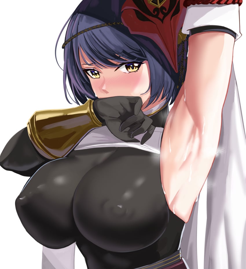 1girls armpits big_breasts black_bodysuit black_elbow_gloves black_gloves black_long_gloves blue_hair blush breasts covered_nipples elbow_gloves erect_nipples erect_nipples_under_clothes eye_contact female genshin_impact gloves huge_breasts kujou_sara large_breasts long_gloves looking_at_viewer loooyd nipple_bulge short_hair sweat tight_clothing upper_body white_background yellow_eyes