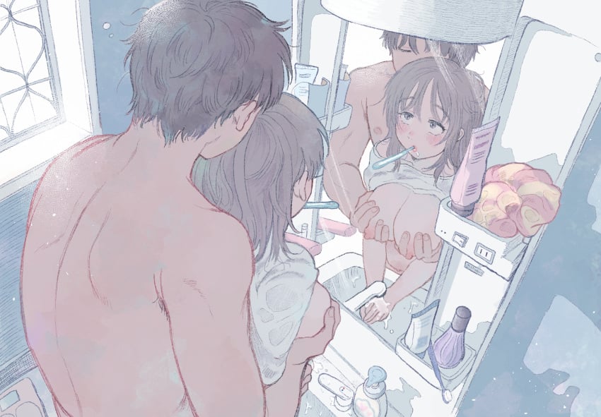 1boy 1girls absurdres bathroom blush breast_grab breasts brother_and_sister brown_hair brushing_teeth cleavage closed_eyes clothing commentary_request female from_behind grabbing grabbing_from_behind height_difference highres huge_filesize incest large_breasts light_rays long_hair male mirror mohato_official nipples open_mouth original reflection shirt shirt_lift shirtless siblings sink straight toothbrush toothbrush_in_mouth washing_hands white_shirt